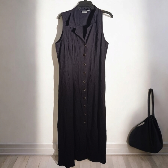 Chicos Design Black Linen Blend Full Button Down Sleeveless Maxi Dress Large 3 - Picture 2 of 5